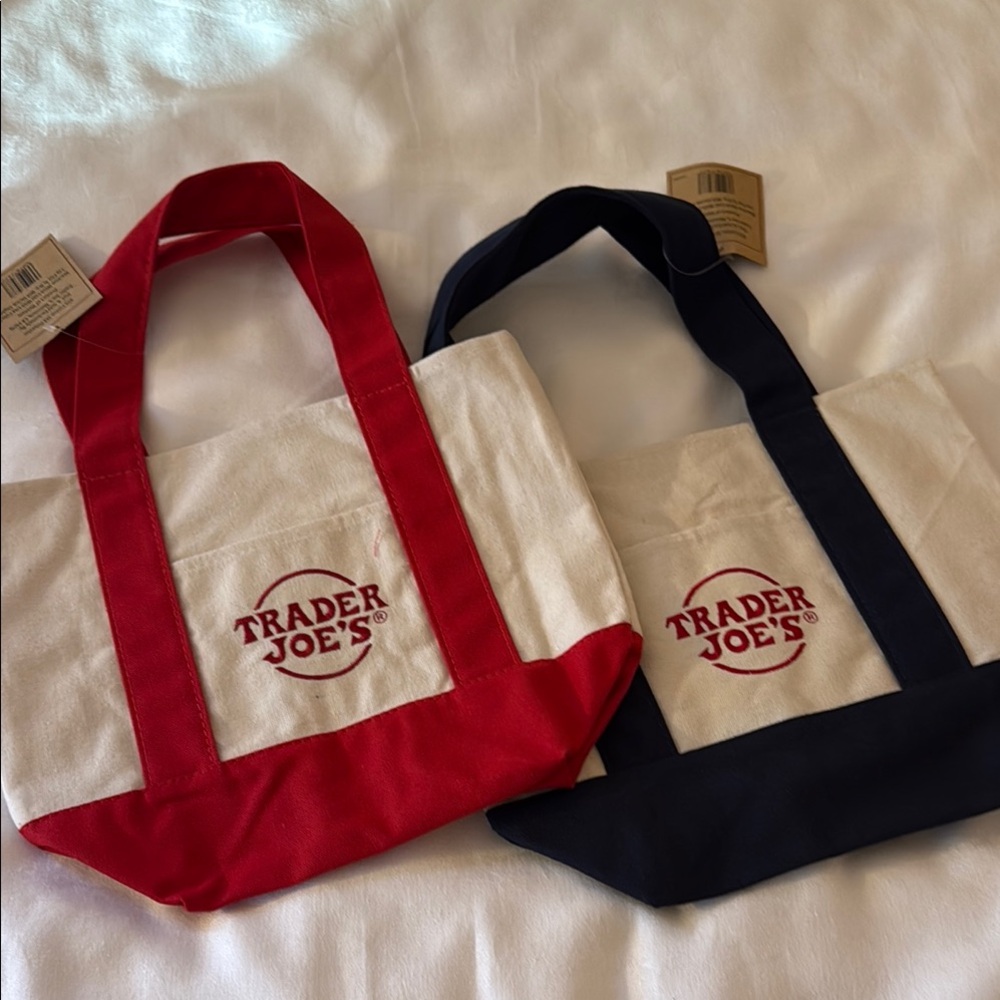 Trader Joe's Mini Canvas Tote Bags - Red and Navy Handles Set of 2 - Picture 2 of 4